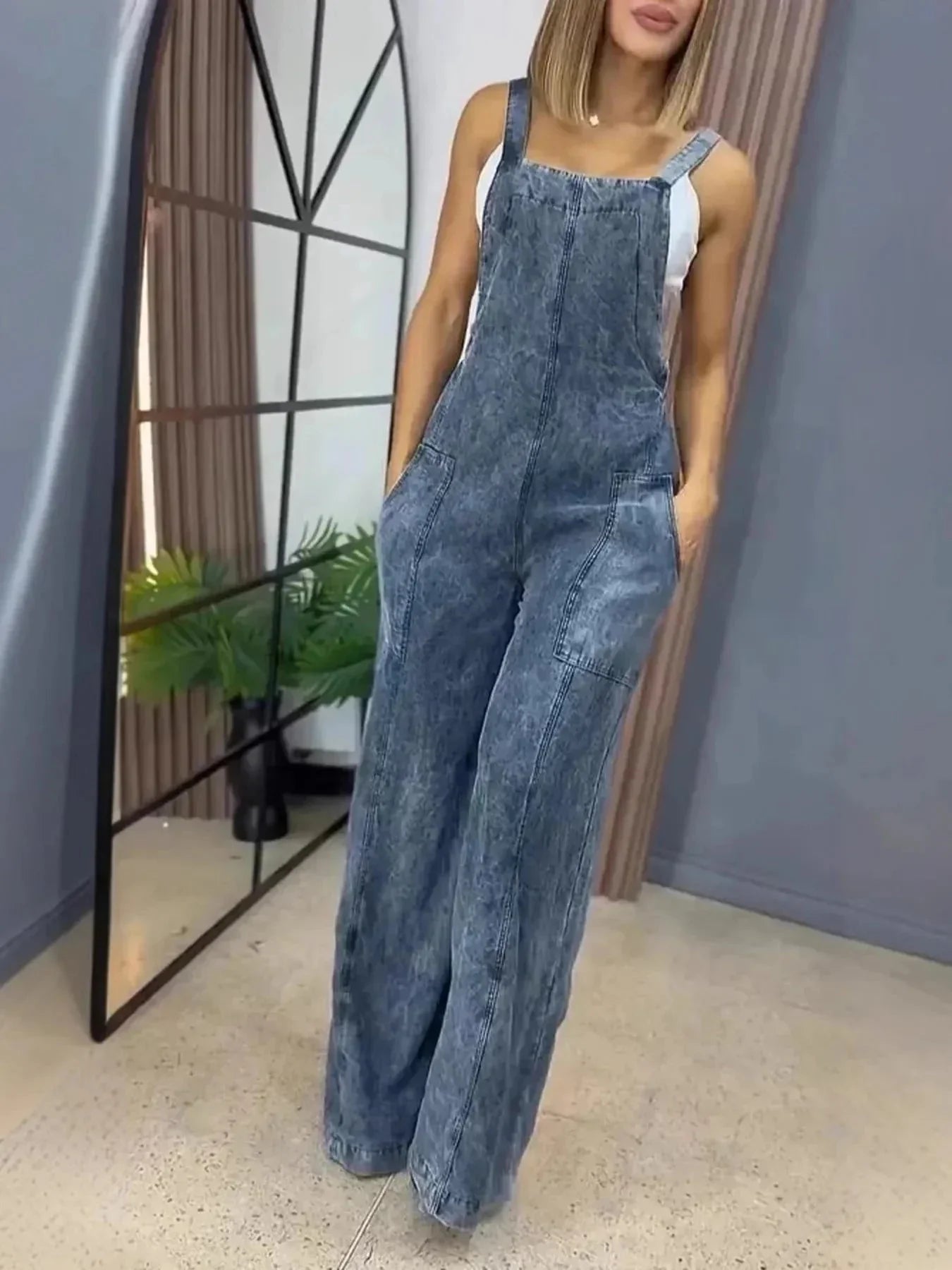 Full Size Wide Leg Washed Denim Overalls Plus Size - VILLA FASHION